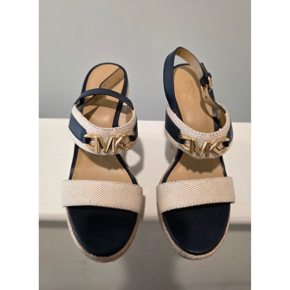 Women 6 M Michael Kors Reed Wedge Sandals Navy Natural Espadrille Platform Logo - Picture 11 of 11